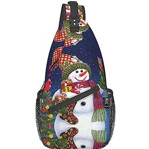 Chinees schilderij van bamboe print schoudertas, crossbody sling rugzak, sling tas borsttas, dagrugzak voor vrouwen mannen reizen wandelen, Kerstdoos Sneeuwman, Eén maat