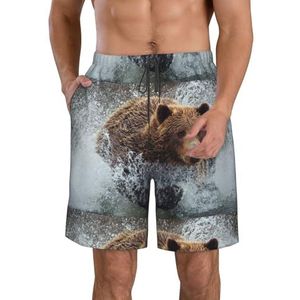 PHTZEZFC Bear Running Print Strandshorts voor heren, lichtgewicht, sneldrogend, zwembroek met trekkoord en zakken, Wit, XL