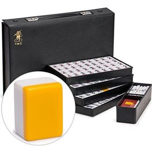 Yellow Mountain Imports Japanse Riichi Mahjong Set - Witte en Gele Standaard Formaat Speelstenen met Zwart Vinyl Etui - met Oosterse Wind Stenen, Set Inzetstokken, & Dobbelstenen