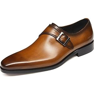 Oxford schoenen for heren Instapper Monk Strap Vierkant gepolijste teen Leer Antislip Blokhak Antislip Casual (Color : Brown, Size : 38 EU)
