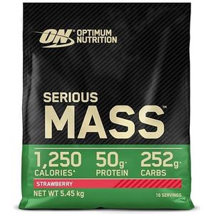 Optimum Nutrition Serious Mass Proteïnepoeder, Hoog in Calorieën voor Gewichtstoename, met 25 Vitamines en Mineralen, Creatine Monohydraat en Glutamine, Aardbeiensmaak, 16 Porties, 5.45 kg