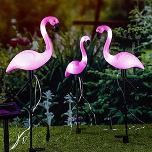 Tuinverlichting, tuinfiguur, design zonnelamp, flamingo, set van 3, hoogte 52 cm, LED zonne-sensor