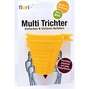 Flori Multi trechter voor het nauwkeurig vullen van alle babyflessen zonder ze vast te houden, steekvast voor 7 verschillende diameters, 100% Made in Germany, BPA-vrij, set van 2, geel