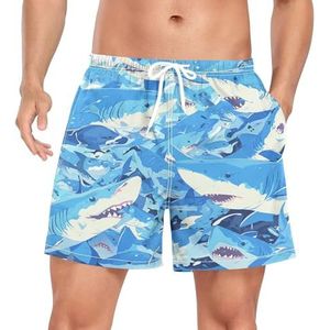 Shark Fishes Camouflage Blue Zwembroek voor heren, sneldrogend, met zakken, Leuke mode, L