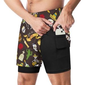 Kleurrijke Dia De Los Muertos Dag Grappige Zwembroek met Compressie Liner & Pocket Voor Mannen Board Zwemmen Sport Shorts