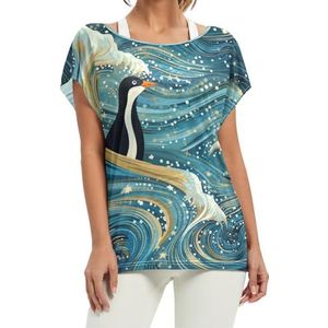 Aquarel Blauwe Pinguïn Kunstwerk Dames Korte Batwing Mouw Shirt Ronde Hals T-shirts Losse Tops voor Meisjes, Patroon, M