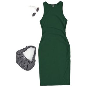 jurken voor dames Effen split-dij-tankjurk for dames, mouwloze midi/knielengte, casual effen jurk (Color : Dark Green, Size : X-Small)