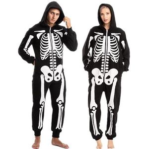 Spooktacular Creations Uniseks Skelet Onesie, Pluche Skelet Jumpsuit met Rits, Halloween, met capuchon, pyjama voor volwassenen, nachtkleding, kostuum, Zwart, L