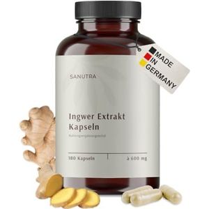 SANUTRA® Gember Capsules – hooggedoseerd 15:1 gember-extract met 5% gingerolen, vegan, zonder toevoegingen, residugecontroleerd, Duitse productie, 180 stuks x 600 mg