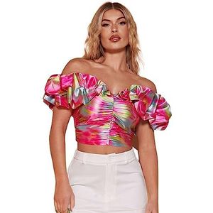 dames topjes Off Shoulder Ruffle Trim Ruched Bustier Crop Top (Color : Multicolore, Size : X-Small)