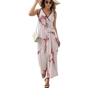 Pink Humming Birds Maxi lange jurk voor dames, V-hals, mouwloos, tank, zonnejurk, zomer