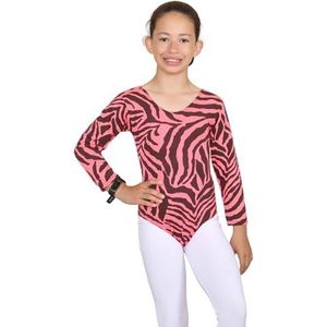 janisramone Meisjes Kinderen Zebra Print Lange Mouw Gymnastiek Stretch Dans Gymnastiek Turnpakje Bodysuit Top, Neon Roze Zebra, 7-8 jaar