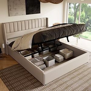 Idemon Opbergbed, gestoffeerd bed, hydraulisch, tweepersoonsbed, 140x200cm, lattenbodem van hout, bed met lattenbodem van metalen frame, linnen, beige (140x200cm)