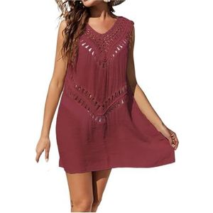 DUNSBY Zomer dames strandjurken mouwloos uitgehold badpak vrouwen coverup badpak gehaakte patchwork coverups voor badmode badpak cover up (kleur: rood, maat: XXL)