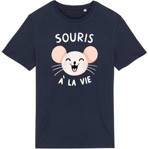 T-shirt met muis tot het leven, voor heren, bedrukt in Frankrijk, 100% biologisch katoen, cadeau voor verjaardagsdieren, origineel grappig, Marineblauw, XXL