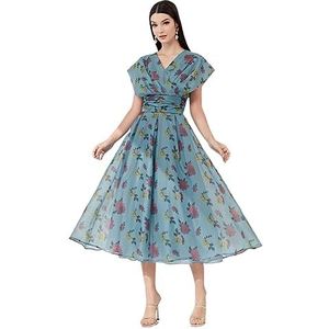 jurken voor dames A-lijn jurk met bloemenprint en ruches in de taille in stoffige blauwe, elegante lange jurk met V-hals, kapmouwen en vleermuismouwen (Color : Dusty Blue, Size : XL)