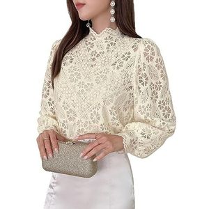 dames topjes Kanten blouse met opstaande hals en lantaarnmouwen - Elegante top met opstaande kraag en ritssluiting (Color : Beige, Size : L)