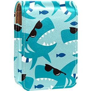 Koele blauwe haai met zwarte zonnebril draagbare lippenstift case voor reizen, Mini lippenstift opbergdoos met spiegel voor dames dames, lederen cosmetische etui, Meerkleurig, 9.5x2x7 cm/3.7x0.8x2.7 in