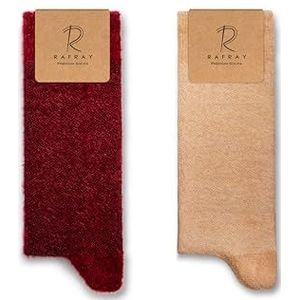 RAFRAY Sokken – warme wollige damessokken in geschenkdoos – wollige wintersokken – 2 paar – wijnrood en beige – maat 36-40, wijnrood en beige, 36-40 Tall