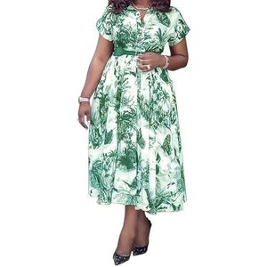 Grote Maat Feestjurk Met Bloemenprint Voor Dames Revers Korte Mouw Met Knopen En Hoge Taille A-lijn Vloeiende Grote Swing Maxi Jurk (Color : Green, Size : 3XL)