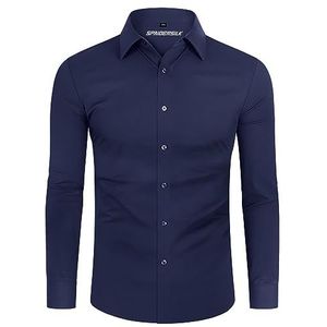 DEMEANOR Overhemd heren stretch lange mouwen vrijetijdshemden voor heren hemd slim fit heren zakelijke overhemden voor heren hemd strijkvrij heren, navyblauw, L