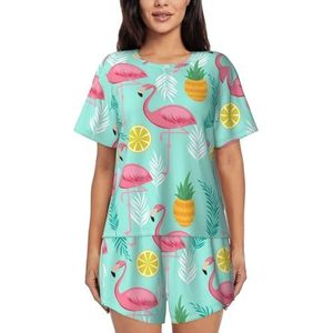 JIAWUJYNB Pyjama met flamingo-print voor dames met korte mouwen, comfortabele korte sets, nachtkleding met zakken, Zwart, S