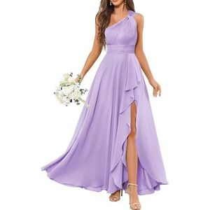 HPPEE Avondjurk met één schouder voor dames, met split en ruches, mouwloos, chiffon, formele avondjurk, Lila, 32