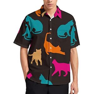 Kleurrijke Katten Silhouet Hawaiiaanse Shirt Voor Mannen Zomer Strand Casual Korte Mouw Button Down Shirts met Zak