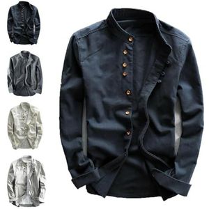 YOMACY Herenshirt in Katana-stijl, Japanse stijl, katoen-linnen, opstaande kraag, dubbele rij knopen, Chinese kraag, Herenshirts (Blauw, Maat 4XL)