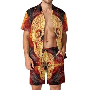 Schedel met vlammend kruis Hawaiiaanse bijpassende set voor heren, 2-delige outfits, button-down shirts en shorts voor strandvakantie