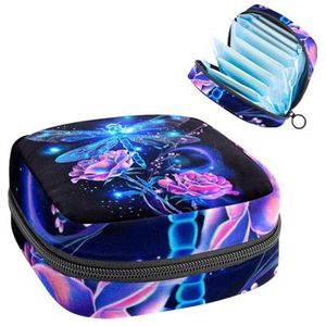 Maandverband Opbergtas Menstruatie Cup Pouch Meisjes Reizen Grote Capaciteit Make-up Maandverband Organisator, Donker Kleurrijk Libelle Patroon, Kleur 3, 4.7x6.6x6.6 in/12x17x17 cm