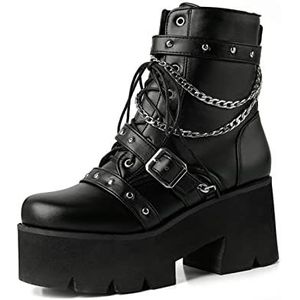 SYDZSW Dames Gothic Dikke Platform Hoge Middelhoge Hak Laarzen Punk Schoenen voor Leer, Zwart, 34 EU