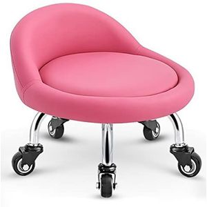 Rolstoel lage kruk, ronde kruk met wielen Leren zitkussen rugleuning, draaibare katrol lage kruk for manicureruimte, hurken for huishoudelijk werk, studio, loungeruimte (Color : Roze)