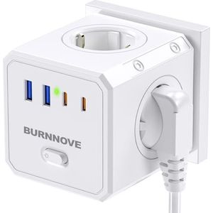 BURNNOVE Stopcontact 4000W 16A met Overspanningsbeveiliging 4 AC 2 USB-C 2 USB-A Wandmontage Compact voor Thuis en Reizen Wit