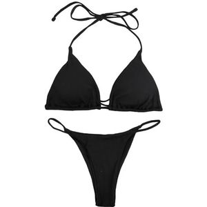 Wisebom Bikini-set voor dames, verstelbare bandjes, bikiniset, nekhouder, tweedelig badpak met bekleding (zwart), Zwart, M