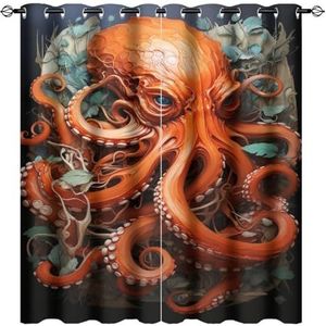 AEMYSKA Oceaan Octopus verduisterende doorvoergordijnen voor slaapkamer natuur abstract dier l thermisch geïsoleerde gordijnen kamer verduistering licht blokkerende gordijnen 160 x 182 cm