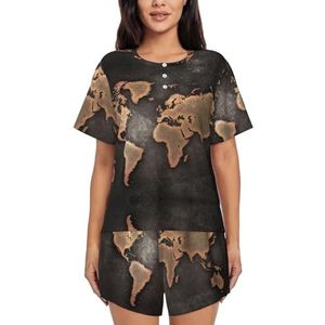 RIVETECH Rust World Map Print Vrouwen Korte Mouwen Pyjama Set Pyjama Lounge Set Met Zakken, Zwart, S