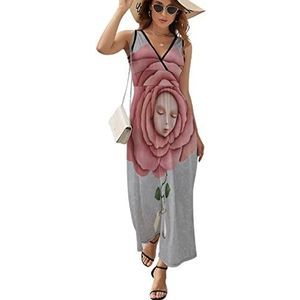 Meisje met haar hoofd in de bloeiende roos dames lange jurk mouwloze maxi-jurk zonnejurk strand feestjurken avondjurken S