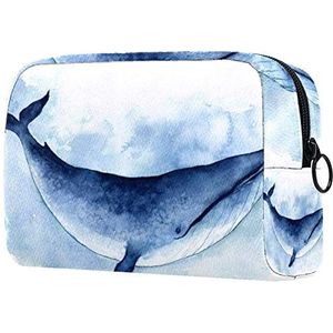 Cosmetische Tassen Make-up Tas Toilettas Organizer Pouch met Rits 7.3x3x5.1 Inch voor Dames & Meisje Aquarel Grote Blauwe vinvis