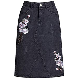 Zwarte geborduurde spijkerrok (Dames Button Down Pocket Rose geborduurde A-lijn denim jean rok)(Color:Black,Size:XXL)