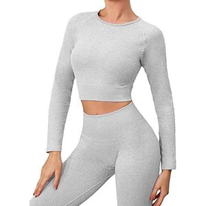 Buscando Dames Gym Sets 2 Stuk Lange Mouw Workout Crop Top Tank Geribbelde Hoge Taille Naadloze Leggings Trainingspakken Activewear Yoga Outftis, Lichtgrijs, M