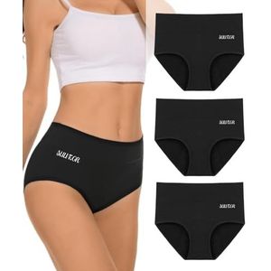 SUUFOR Menstruatie-onderbroeken voor dames, 60 ml, hoog absorptievermogen, katoen, hoge taille, menstruatieslip voor dames (3 stuks), Zwart, L