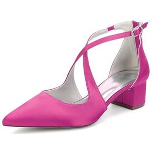 HFWXYSA Damesjurk Pumps met lage hakken Gesloten puntige neus Blok Chunky hak Kruisband Bruiloft Bruidsfeest Kantoorschoenen,Fuchsia,38 EU