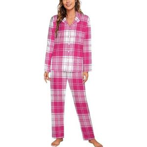 Roze En Wit Tartan Plaid Vrouwen Lange Mouw Button Down Nachtkleding Zachte Nachtkleding Lounge Pyjama Set XL