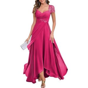 KIYNE Damesjurk met kapmouwen en V-hals, chiffon, moeder van de bruid, lange geplooide ruches formele avondjurk, Fuchsia, 32