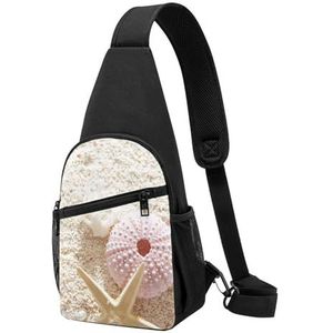 HAICOM Crossbody tassen met geometrische print, kleine draagdoek borsttas, casual grappige borsttas voor dames en heren, pak voor reizen, sport hardlopen, Blauwe bloem met zeesterren op het strand,