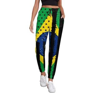 Retro Brazilië VS Vlag Joggingbroek Voor Vrouwen Hoge Taille Joggers Casual Lounge Broek Met Zakken Voor Workout Running