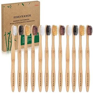 FINEVERNEK 12 stuks bamboe tandenborstels, hout bamboe, duurzame houten tandenborstel, biologisch BPA-vrij, biologisch afbreekbaar, milieuvriendelijk, veganistisch, onafhankelijke verpakking, bamboe