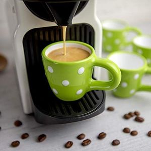 City to Cottage Limoengroen Wit | Polka Dot Stippen | Designer Handgemaakt Handgeschilderd | Keramiek 60 ml | Set 4 Espresso Koffiekopjes | Cadeau
