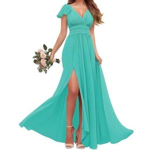 Chiffon bruidsmeisjes jurken met mouw - V-hals Empire taille plooi formele jurk, Turkoois, 32